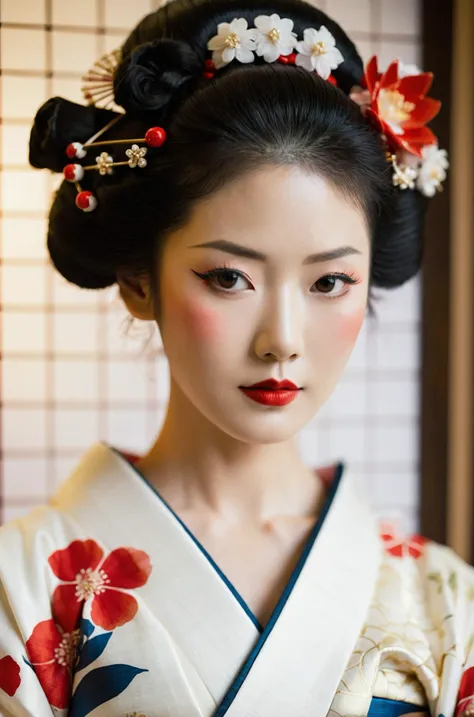 (film grain),Asian woman, geisha appearance, traditional Japanese hairstyle, kimono, red lipstick, white makeup, elegant, serene expression, floral hair accessories, dark hair, cultural attire, frontal view, blurred background, grid pattern, warm color tone, cinematic lighting, high-resolution photo, indoor setting, cultural representation.,