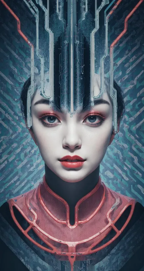 An asymmetric ( fulll body ) portrait of a ( [ voluptuous | curvy | beautiful ] ) with ( half demonic split face ) , An [ colorful | vibrant ] ( masterpiece ( in CCDDA artstyle ) ) full of retro-futuristic ( geometric ( art deco circuit) patterns )