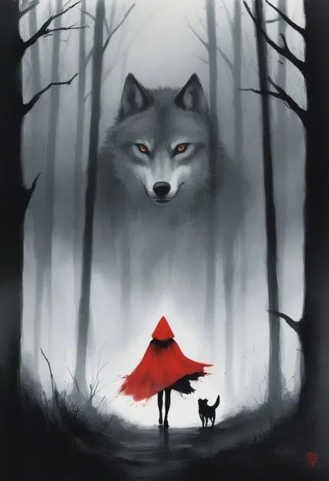 ink illustration, gloomy scene of Little Red Riding Hood walking through the dark woods alone, the woman's red cape and hood are the only splashes of color, ink splashes, rough ink sketch, from the fog, Wolf's head watching her, wolf head positioned top center, looking straight at the red hood, faded into background, shiny wolf eyes
