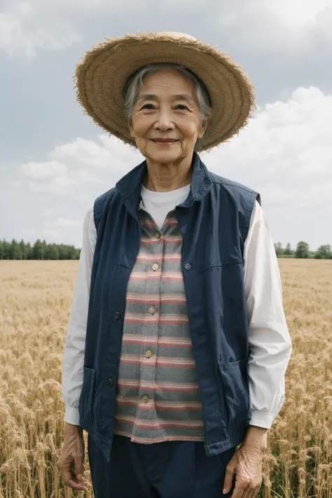 a old woman standing in a field with a hat on her head, outdoors, striped shirt, pants, sky, straw hat, field, day, smile, cloud, standing, jacket, long sleeves, vest,
beautiful lighting, deep shadow, best quality, masterpiece, ultra highres, photorealistic,
<lora:FilmVelvia2:0.7>