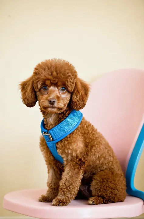 (film grain),Reddish-brown toy poodle, sitting, fluffy fur, blue collar, attentive expression, indoors, beige textured background, pink seat, portrait orientation, photo style, warm colors, soft lighting, pet photography.,