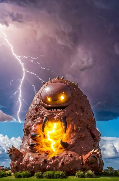 Lightning flash showing grisly scene,lively,Vibrant,Blob,brown eyes,Enlarging into a monster,blue sky,clear sky,tourism attraction