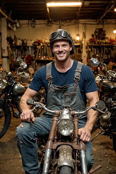 grunge style in the dimly lit factory, hatchet bully, a 35 year old man with a rugged jawline and warm smile, stands proudly amidst rows of machinery. his worn denim overalls are covered in patches and stains, but his bright blue eyes shine like polished gemstones. a battered metal helmet perched on his head holds a small, delicate flower arrangement, adding an endearing touch to the otherwise industrial setting. soft, golden light spills from above, casting a warm glow on hatchet's worn hands as he tenderly tends to a vintage motorcycle, its chrome pipes gleaming like polished silver. the air is thick with the scent of machine oil and freshly brewed coffee, enveloping the scene in an atmosphere of quiet contentment. . textured, distressed, vintage, edgy, punk rock vibe, dirty, noisy