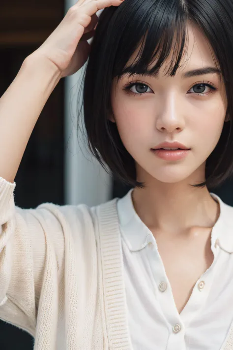 (masterpiece:1.3), (8k, photorealistic, RAW photo, best quality: 1.4), (1girl), beautiful face, (realistic face), (black hair, short hair:1.3), beautiful hairstyle, realistic eyes, beautiful detailed eyes, (realistic skin), beautiful skin, (cardigan, white t-shirt), absurdres, attractive, ultra high res, ultra realistic, highly detailed, golden ratio, (FilmG)