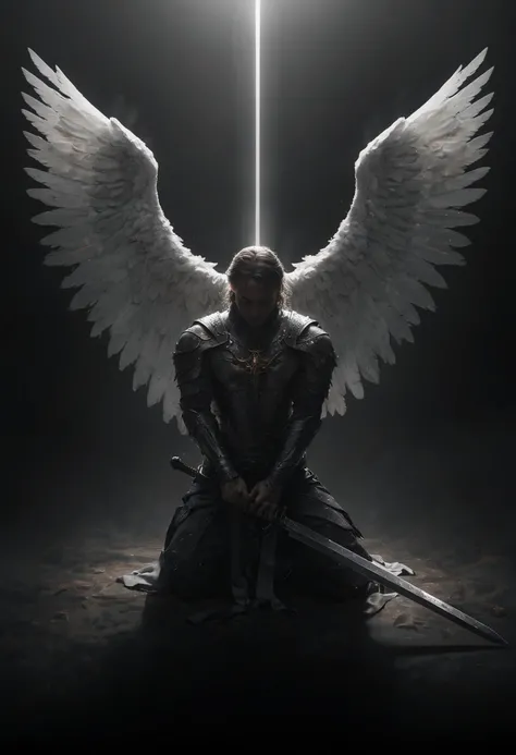 angelic warrior praying to God,closed eyes,big wings,kneeling with one (hand gripping the greatsword plunged into the ground:1.2),divine light,serene atmosphere,celestial presence,detailed portrayal,dynamic composition,highly detailed photo,sharp details,dark church,light reflects along the bodyline,dark tone,<lora:add-detail-xl:2>,<lora:- SDXL - vntblk_vanta_shapes_V1.0:0.3>,