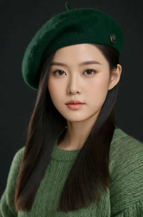 Portrait, young Asian female, black beret, long dark hair, green sweater, subtle makeup, looking at camera, calm expression, high-resolution, studio lighting, dark background, detailed close-up, sharp focus, warm skin tone, soft lighting on face, natural lip color, wispy hair strands, elegant, poised.,