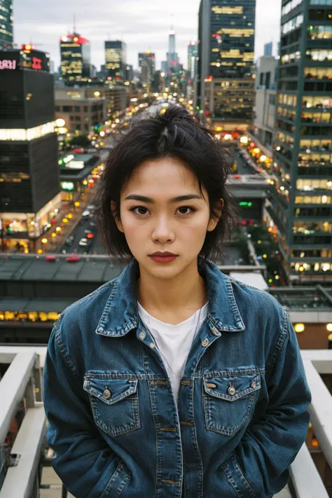 <lora:FilmProvia2:0.65>, 1girl, stylish outfit, fitted jeans, oversized jacket, fashionable accessories, (realistic detailed eyes, natural skin texture, confident expression), cityscape backdrop, rooftop or high-rise balcony, dynamic composition, engaging pose, soft yet striking lighting, shallow depth of field, bokeh from city lights, sharp details, highly detailed, hyper-realistic, 50mm lens, naturally blurred background.