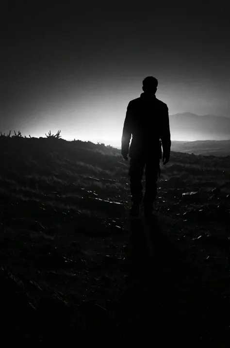 (film grain),Silhouetted figure, rough terrain, backlit, large glowing rectangle, eerie, shadow hands, foreboding atmosphere, mysterious, monochrome, grayscale, high contrast, speculative fiction, desolate landscape, cinematic lighting, concept art, surreal, ominous presence, focused on figure, low-key lighting, digital art, post-apocalyptic vibe.,