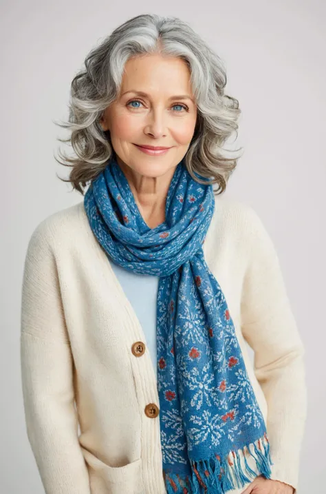 (film grain),Middle-aged woman, gray wavy hair, subtle smile, blue eyes, wearing cardigan and patterned scarf, natural makeup, posed against plain light background, studio lighting, high-resolution portrait, casual attire, relaxed demeanor, genuine expression, front-facing camera angle, neutral color palette.,
