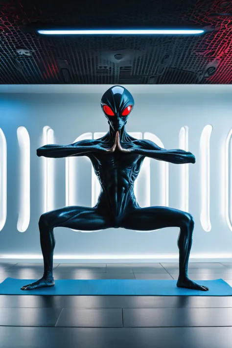 an alien character performing a yoga pose in a modern, minimalist room. black, sinewy texture, futuristic, humanoid figure, exaggerated limbs, red sweatbands, blue mat, tail raised, pale blue wall, intricate details, high gloss surfaces, contrast between organic and industrial, inspired by h.r. giger, best quality