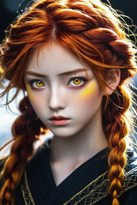 stunning anime portrait of a red-haired girl with intense yellow eyes, close-up view, intricate hand details, braided hair, dark clothing, strong light and shadow contrasts, black nails, 17 years old, digital illustration, inspired by yoshitaka amano, masterpiece