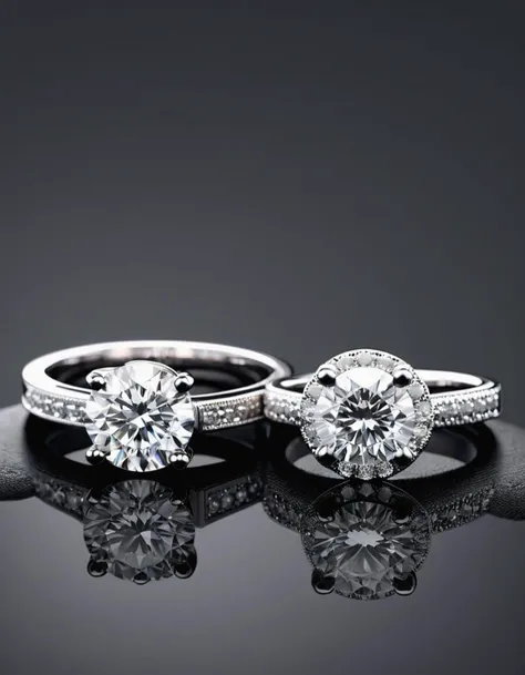 three elegant diamond engagement rings displayed on a dark, reflective surface, 3d render, photorealistic detail, brilliant cuts, round and princess shapes, solitaire settings, one adorned with small diamonds on the band, clean, minimalist design, high-quality craftsmanship, inspired by luxury jeweler designs, masterpiece,
