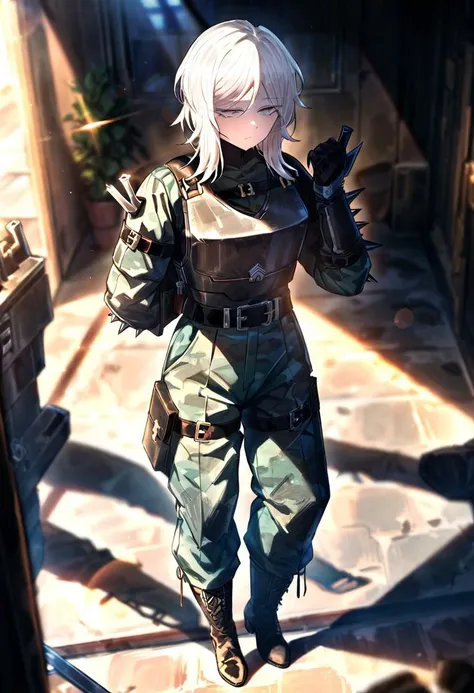 Masterpiece,very aesthetic,professional photoshoot, reflective,perfect light and shadow,lens_flare,one woman, Faust \(project moon\), Blue camouflage pants covered with military armor plate, military boots, a bulletproof vest on the body, an open blue camouflage jacket, two long knives hanging on the belt, white hair, a small spiky black crown in the hair