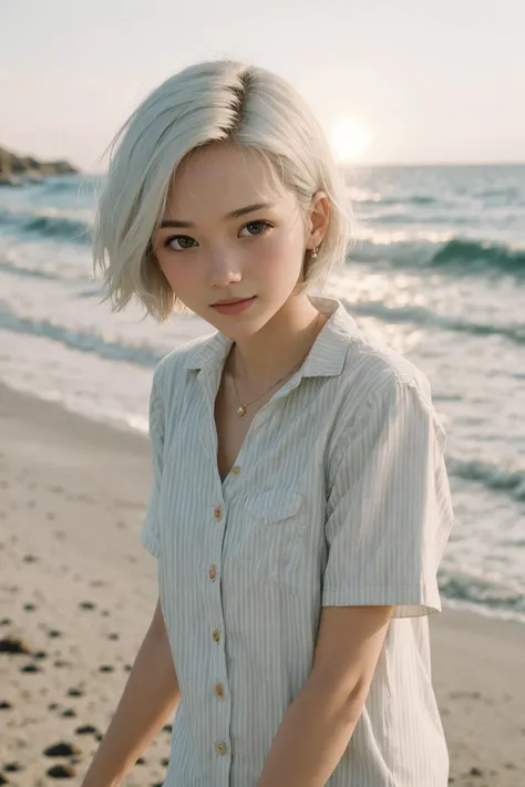 Coastal beauty, 1girl in a charming nautical outfit, ( short white hair), striped shirt, (bright eyes, sun-kissed skin, carefree expression), sandy beach background, lighthouse, gentle sea breeze, playful pose, dynamic composition, golden hour lighting, blurred background, rich colors, fine details, hyperrealistic, 50mm lens, relaxed atmosphere. portrait photography, 35mm film, natural blurry