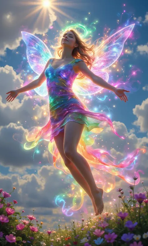 A fairy with wings, flying in the sky, looking up at the sky, with arms outstretched, wearing colorful close-fitting clothes, with a halo on her head, a garden under her feet, and a rainbow-like light emanating from her whole body.<lora:flux1-D\aidmaGLOW-FLUX-V0.1.safetensors:0.5:0.5> <lora:flux1-D\niji_flux.safetensors:0.3:0.3> <lora:flux1-D\Aura_Flux-000010.safetensors:0.7000000000000001:0.7000000000000001>