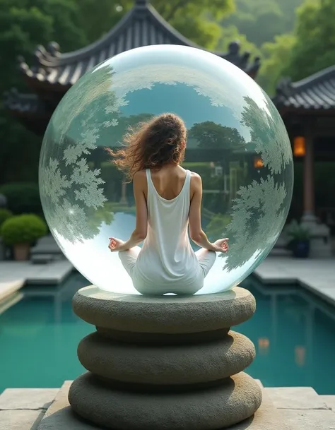 a huge glass sphere on a carved stone stand
the glass sphere is etched with a leaf pattern
in the center of the sphere is a woman meditating, she looks completely relaxed, her long loosely curled hair is floating behind her head as if she was in zero gravity,
(she's levitating in midair in the middle of the sphere:1.5),
the stone stand in front of a Buddhist shrine, there is a large pool of water behind the stand