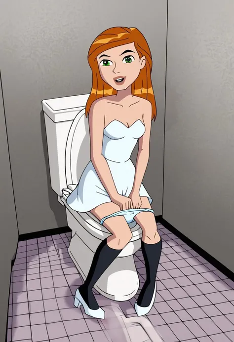 score_9, score_8_up, score_7_up,, BREAK, high res, best quality, perfect hands, 1girl, cute, solo, full body, BREAK white panties, ((panty pull:1.3)), BREAK indoors, bathroom, (toilet stall:1.3), toilet, toilet use, (sitting:1.3), toilet seat up,BREAK, <lora:Gwen_Tennyson-000005:.7>, Gwen Tennyson, orange hair, green eyes, white dress, strapless dress, white high heels, show accurate style, full body, BREAK,, panties pulled down, looking at viewer, source_cartoon, toilet paper, panties around legs
