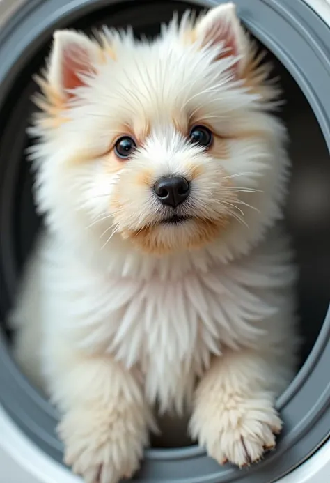 mini malteser wasched and dried looking at viewer. Its fur is fluffy and voluminous. The fur is increadibly fluffy. Fluffier than is natural. The dog is in a washing maschine, spinning around. Above the washing mashine appears the slogan: "Whiter whites, brighter brights"
