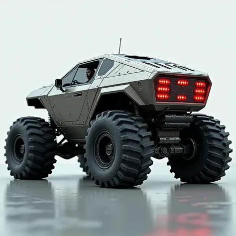 Realistic, HD, Futuristic, Masterpiece, 4k. A massive, heavily armored futuristic vehicle with oversized, reinforced tires built for rugged off-road terrain. The body is angular and industrial, with multiple layers of metallic plating giving it a highly durable, military-grade appearance. The rear features bright red LED lights arranged in two rows, highlighting the vehicle's advanced technology. The compact front cockpit is protected by a sloped windshield, where the driver, clad in a sleek, futuristic suit, is visible. The entire design feels aggressive and built for extreme conditions, combining high-tech elements with a rugged, war-ready aesthetic. The scene exudes power, durability, and futuristic precision, perfect for hostile environments or tactical missions
