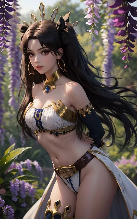 (masterpiece, best quality:1.4), insaneres, absurdres, solo, looking at viewer,BREAK
MiddleBlue_Ishtar_ownwaifu,
1girl, black hair, ishtar (fate), ishtar \(fate\), jewelry, red eyes, two side up, hair ribbon, hoop earrings, long hair, crown, medium breasts, long legs, parted bangs, collarbone, tiara, thighs, earrings, hair bow, ribbon, lips,
bare shoulders, single thighhigh, blue thighhigh, armlet, detached sleeves, uneven legwear, asymmetrical legwear, navel, thighhighs, neck ring, black thighhighs, cleavage, elbow gloves, uneven sleeves, asymmetrical sleeves, single elbow glove, single detached sleeve, strapless, pelvic curtain, chain, bridal gauntlets, gold trim, midriff, gem, belt, bikini, black gloves, detached collar, halterneck,
(leaning forward, arms behind back), cowboy shot, garden, wisteria, outdoors, <lora:ANIME_FateStayNight_Ishtar_ownwaifu:0.85> , depth of field