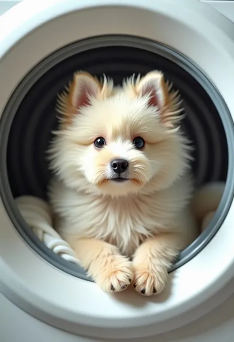 mini malteser wasched and dried looking at viewer. Its fur is fluffy and voluminous. The fur is increadibly fluffy. Fluffier than is natural. The dog is in a washing maschine, spinning around. Above the washing mashine appears the slogan: "Whiter whites, brighter brights"