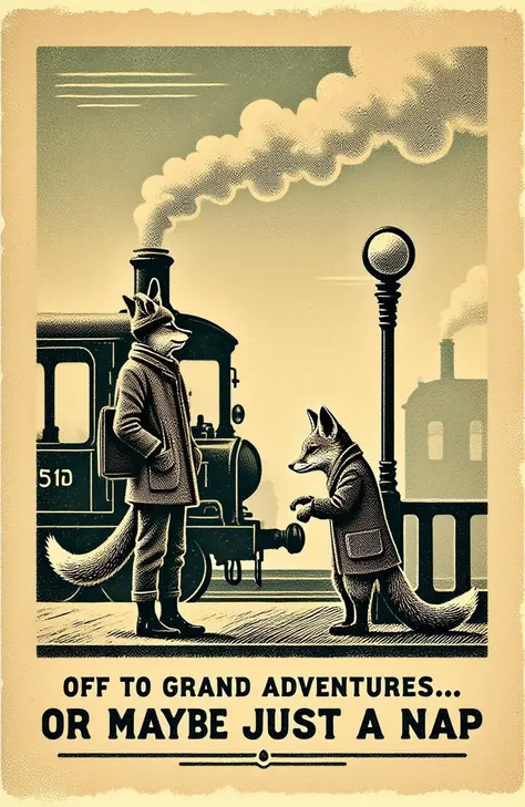 <lora:flux-vintagemono:1> Vintage postcard design, vintagemono style. "OFF TO GRAND ADVENTURES... OR MAYBE JUST A NAP." Typography integrated into postcard aesthetic. Illustration: A fox wearing a tweed jacket and scarf, standing at a train station with a leather suitcase in paw. Steam from old locomotive swirls around him as he checks his pocket watch.