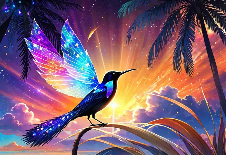 bird of paradise, sunbird, lovebird, swan, cute, microraptor, multicolored, slender bird, vapour, bird, feathers made of clouds, crystal bird, iridescent, fluffy, pheonix, butterfly wings, palm tree, palm fronds, prism, glass art, starlight, sunset, night sky, nebula, long tail with feathers curling upwards, elegant bird, majestic bird, quetzal,