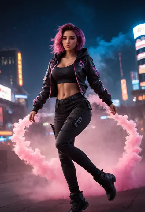 (masterpiece), (best quality), A full-body photo of a 25 year old hot beautiful anime woman with perfect face and perfect hourglass figure as A character wearing tight crop-top hoodie with smoke powers, huge breast <lora:xl-shanbailing-1126darkness1:0.55> bailing_darkness, a girl made of pink smoke, <lora:Cityscape_From_Above_Concept_Art_VW_Style:0.55> cyberpunk, cityscape, neon, moon, science_fiction, outdoors <lora:City_SDXL_v1:0.55> citylora <lora:d\EnvyActionShotXL01:0.55> action shot <lora:zavy-dtchngl-sdxl:0.55> zavy-dtchngl <lora:anamorphic bokeh style:0.75> anamorphic bokeh style, oval bokeh style, anamorphic blur background style, special effect bokeh style, anamorphic lens distortion style, anamorphic film style <lora:High Angle style:0.55> High Angle style, from above, masterful composition, dynamic volumetric lighting, realistic ray_tracing, reflection, hyperrealistic, shallow depth of field, f/2.4, bokeh,