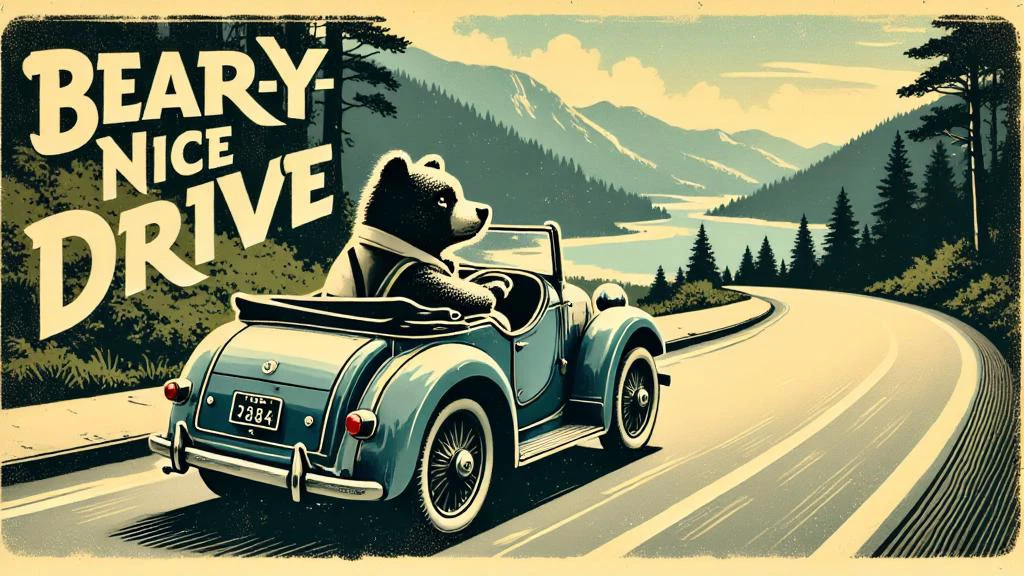 <lora:flux-vintagemono:1> Vintagemono style, "BEAR-Y NICE DRIVE" Typography integrated into postcard aesthetic, A refined bear in suspenders and a bowtie, driving a vintage convertible down a winding mountain road, The trees and hills blur by, with a serene lake reflecting the sky just beyond