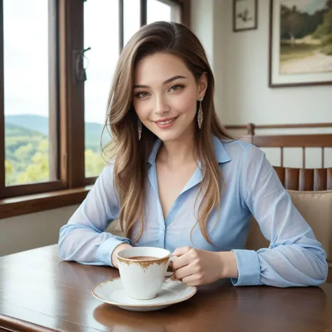 This (captivating realistic photograph:1.125) depicts a woman sitting at a table with a cup and saucer in front of her face,with a window behind her,with a view of a river outside,and outside,and out,erotic portrait,sexy woman,correct_fingers,correct_eyes,feminine_anatomy,elegant artistic pose,sharp focus,high resolution,high quality,clear image,raw photo,high details,sharp focus,high resolution,high quality,clear image,raw photo,high details,1girl,solo,long hair,looking at viewer,smile,brown hair,shirt,long sleeves,jewelry,multicolored hair,earrings,indoors,cup,lips,window,table,realistic , sharp focus, high resolution, high quality, clear image, raw photo, high details