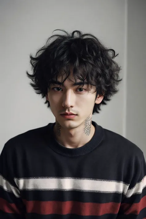 a close up of a person wearing a sweater, black hair, 1boy, male focus, looking at viewer, shirt, messy hair, upper body, striped, striped shirt, curly hair, tattoo, short hair, afro, beautiful lighting, deep shadow, best quality, masterpiece, ultra highres, photorealistic,
<lora:FilmVelvia2:0.7>