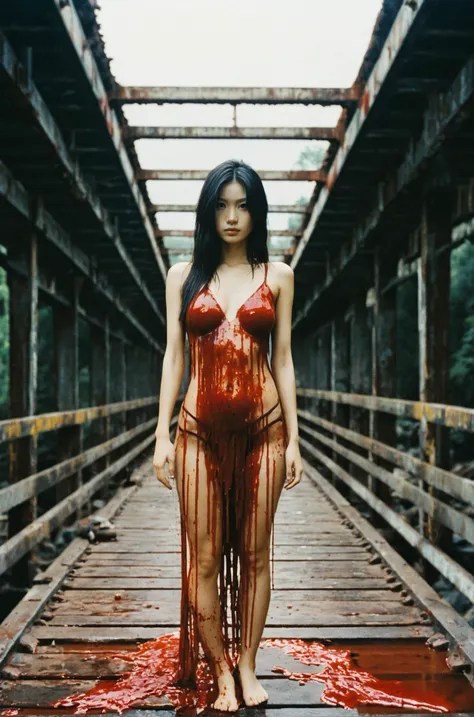 Shredded dress soaked in blood,on a post-apocalyptic collapsed bridge,indoor environment,wilderness exploration,celestial city on a comet,open mausoleum sexy asian young woman,film grain texture,analog photography aesthetic,visual storytelling,dynamic composition,looking at viewer,eye contact,nsfw,