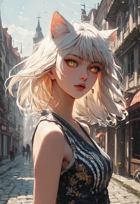 source_anime, score_9, score_8_up, score_7_up, score_6_up,Japanese art style,1girl, solo, catgirl, cat ears, white hair, bangs pinned up, golden eyes, vertical pupils, pale skin, 
 mini dress, city view, (Poland:1.5), famous buildings, wind, street food, standing, detailed background
<lora:g4n1m3XLP:0.4> <lora:comicbookpage style:0.2> <lora:add-detail-xl:0.9>