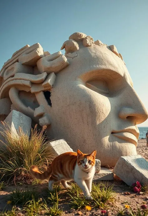 (Soft Lighting Photography by Mimoza Veliu and Mario Giacomelli:1.2), award-winning photography, photo of a cat besides a badly damaged and huge head of an Ancient Greek sculpture, Colossus of Rhodes, in a beautiful beach, Cats running around:1.5, (broken status, spare parts scattered nearby.) Grass and flowers grow around it. Sunny summer day. ocean. Calm and beautiful. Detailed art, many details, cute, adorable, fairytale, storybook detailed illustration, cinematic, ultra highly detailed, beautiful details, vibrant colors, complex background, fine art, best quality, hyper detailed, professional poster art, bold lines, award winning, trending on ArtStation , (intricate details, masterpiece, best quality:1.4), aesthetic and beauty, astounding details, high depth of field, f/4, framing, breakthrough, collodion process, soft particles, ageless atmosphere, (maroon and marigold colors:0.1),dark, chiaroscuro, low-key,