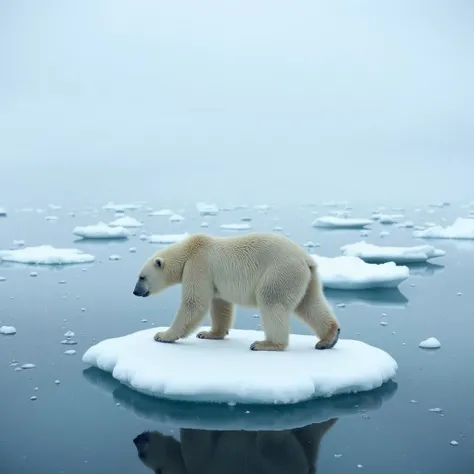 one elder tired exhausted polar bear walking slowly over a small ice floe. the ice floe is floating in the winter ocean, accompanied by many other smaller ice floes and some smaller pieces of ice in the water. in the background, we can see into the endless distance with even more ice pieces in the ocean. there is also some fog and mist in the distance, preventing the viewer from seeing the end of the horizon. there is a cold winter atmosphere, but no snow.