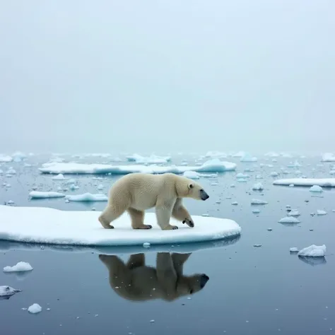 one elder tired exhausted polar bear walking slowly over a small ice floe. the ice floe is floating in the winter ocean, accompanied by many other smaller ice floes and some smaller pieces of ice in the water. in the background, we can see into the endless distance with even more ice pieces in the ocean. there is also some fog and mist in the distance, preventing the viewer from seeing the end of the horizon. there is a cold winter atmosphere, but no snow.