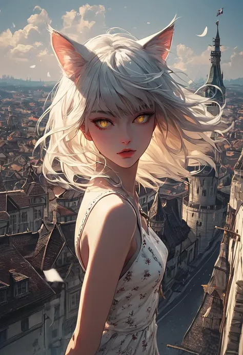 source_anime, score_9, score_8_up, score_7_up, score_6_up,Japanese art style,1girl, solo, catgirl, cat ears, white hair, bangs pinned up, golden eyes, vertical pupils, pale skin, 
 mini dress, city view, (Poland:1.5), famous buildings, wind, dark night, standing, detailed background
<lora:g4n1m3XLP:0.4> <lora:comicbookpage style:0.2> <lora:add-detail-xl:0.9>