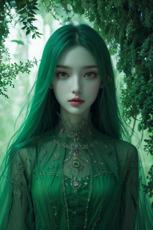 A woman with green hair and a green dress standing in a forest - SeaArt AI