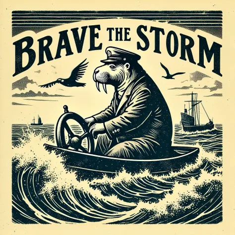<lora:flux-vintagemono:1> Vintage postcard design, vintagemono style. "BRAVE THE STORM" Typography integrated into postcard aesthetic. Illustration: A walrus in a captain's hat and overcoat, steering an old-fashioned ship through a stormy sea. Waves crash dramatically around the ship as the walrus confidently grips the wheel.