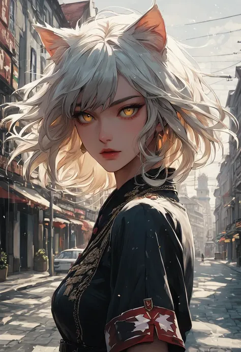 source_anime, score_9, score_8_up, score_7_up, score_6_up,Japanese art style,1girl, solo, catgirl, cat ears, white hair, bangs pinned up, golden eyes, vertical pupils, pale skin, 
 mini dress, city view, (Poland:1.5), famous buildings, wind, street view, standing, detailed background
<lora:g4n1m3XLP:0.4> <lora:comicbookpage style:0.2> <lora:add-detail-xl:0.9>