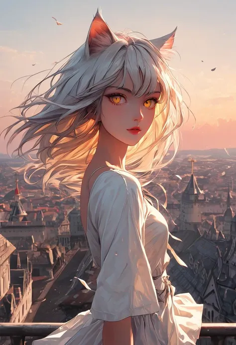 source_anime, score_9, score_8_up, score_7_up, score_6_up,Japanese art style,1girl, solo, catgirl, cat ears, white hair, bangs pinned up, golden eyes, vertical pupils, pale skin, 
 mini dress, city view, (Poland:1.5), famous buildings, wind, sunset, standing, detailed background
<lora:g4n1m3XLP:0.4> <lora:comicbookpage style:0.2> <lora:add-detail-xl:0.9>