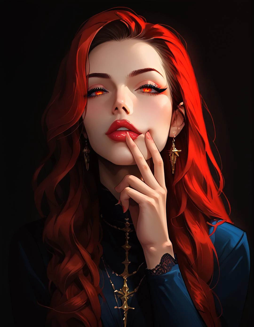 1girl, solo,(plumb, huge saggy breasts, thick thights,big ass,huge thights,muscular,,covered abs) ,detailed face, gree eyes, long eyelashes ,red hair,long hair,long lace dress,covered legs, posing thighs, wearing high heels ,hand playing with hair, fullbody shot ,<lora:Second_Skin_-_Ultra_Skin_Tight:1.2>,skindentation, skin tight, ultrast, impossible clothes,, score_9_up, score_8_up, score_7_up ,BREAK,high quality, precise details,detailed faces, beutifull face, detailed eyes,<lora:add-detail-xl:2.4> ,<lora:Expressive_H:0.75>,seductive expression,,expressiveh,,,fhand ,fface ,detailxl,,NDXL, <lora:incase-ilff-v3-4:0.75> <lora:g0th1cPXL:0.45>, <lora:S1_Dramatic_Lighting_v2:0.4>,
