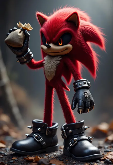 Sonic the Hedgehog reimagined as its evil counterpart. his fur is dark red the same as his glowing eyes. he wears metal gloves with silver spikes and black leather boots with silver buckles. in one hand he holds a bag of money and the other is raised menacingly to the sky <lora:Dever_Flux_Enhancer:0.5>
