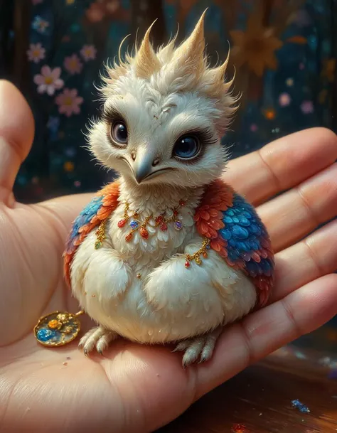 A hyper-realistic, touching scene depicting a small, cute ostrich no bigger than a human palm. The ostrich has just hatched and sits in a thick, white, cracked eggshell on a human palm. The ostrich is very cute and touching with long eyelashes, it is not dry yet and has funny wet and ((fluffy red and blue feathers )) and fluff sticking out. On its neck is a gold chain with scarlet pendants made of precious stones. On the head is a fluffy shaggy hairstyle of feathers. The ostrich has large, bright blue eyes and a black, shiny beak. On the human palm are fragments of an eggshell <lora:FluxDFaeTasticDetails:1> <lora:Colorful_Painting:1> colorful painting