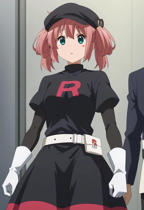 score 7 up, source anime, 1girl, , <lora:satone-shichimiya-s2-ponyxl-lora-nochekaiser:1> satone shichimiya, , <lora:team-rocket-uniform-ponyxl-lora-nochekaiser:1> team rocket uniform, black hat, black shirt, black skirt, white belt, white gloves, single letter,,