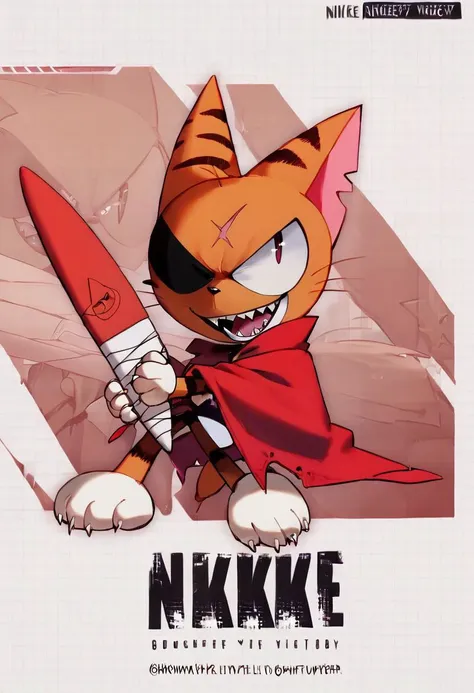 score_9, score_8, score_7, matatabi_ckc, solo, furry male, furry, orange fur, eyepatch, male, cat, scar, red cape, smile, open mouth, fangs, big boomerang, red boomerang, IncrsNikkeProfile, full body, zoom layer, holding weapon, holding big boomerang, <lora:NikkeProfileV2_XLPD:1>,