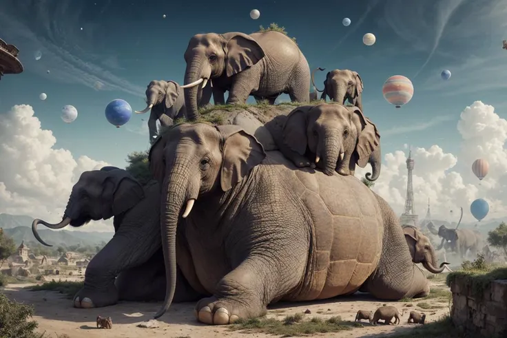 <lora:StackedCityAI:0.81> StackedCityAI,
space,
a flat planet balanced on the backs of four elephants which in turn stand on the back of a giant turtle,
no_humans,, (masterpiece:1.3), (best_quality:1.3), (ultra_detailed:1.3), 8k, extremely_clear, realism, (ultrarealistic:1.3),, insane details, intricate details, hyperdetailed, ultra detailed, extreme detailed, highest detailed, high_detail, colorful, beautiful, hdr, photorealistic, highres, ultra_high_res, photography, aesthetic, extremely_delicate,