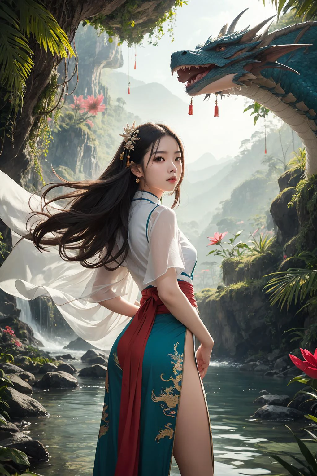 ((1girl,Chinese, with her flowing hair adorned with beautiful hair ornaments, standing among the flying petals, a majestic dragon wound around her)),((best quality)),((Representative)),(Realistic),The shooting angle is a bird's-eye view.,
An 18-year-old girl in an elegant Chinese costume,Her flowing hair is elegantly embellished with glamorous hair accessories,be captivated by this charming sight,As the petals swing around her in the wind,A majestic dragon wraps its meandering body around her,Created a fabulous seduction scene,Immerse yourself in the deepest jungle river in a rainforest village,Lush greenery and vibrant plants surround them,Full of ancient mysticism,Snow peaks plunge into the sky,The soft light illuminates the girl's face,Cast gentle shadows,Capture the beauty of her empty spirit,Scenery and distant neon lights add a touch of magic from afar,Create a fantastic atmosphere,The blurred background further enhances the quality of the film,Attracted attention to ornate and ultra-detailed composition,Prepare to be captivated by the seamless fusion of natural elements and fantasy in this masterpiece of art,
<lora:add_detail:0.7>,
<lora:smokeanywhere:0.6>,smokeanywhere,colorful smoke,
<lora:tangStyle5:0.7>,hanfu,
<lora:long:0.7>,long,
<lora:v~:0.6>,flower