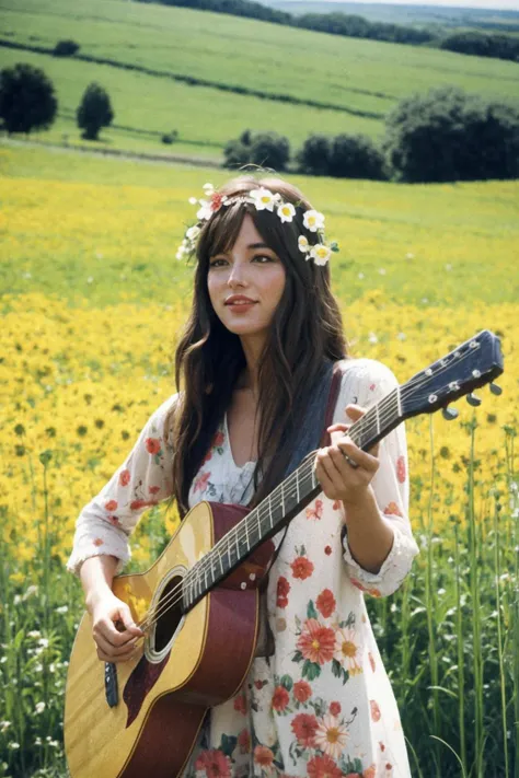 flower power music festival. hippy chick playing acoustic guitar in a field. 1968. (candid photograph, film grain, 35mm, ISO200, f/1.8:0.7)