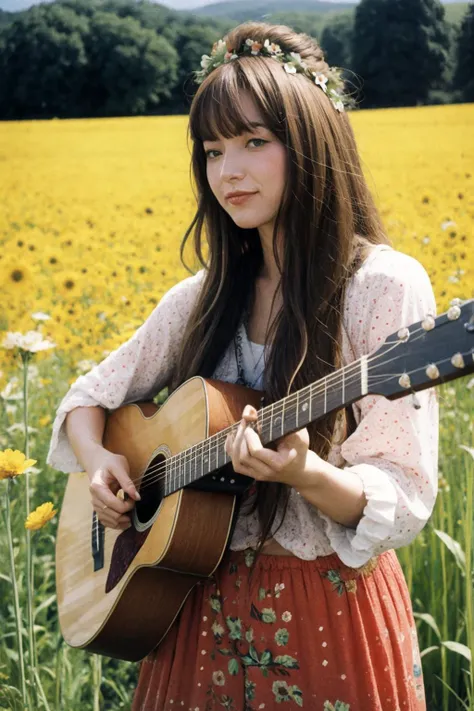 flower power music festival. hippy chick playing acoustic guitar in a field. 1968. (candid photograph, film grain, 35mm, ISO200, f/1.8:0.7)